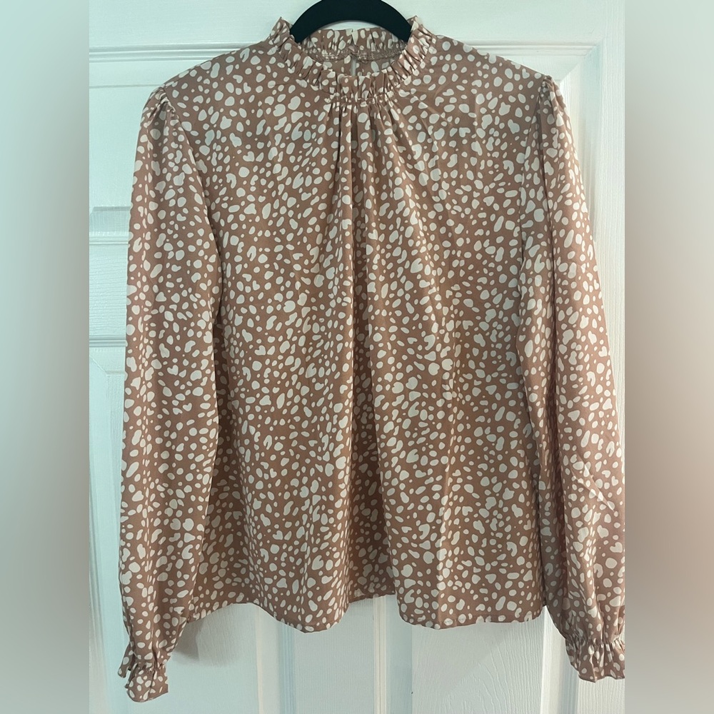 Womens Taupe and White Printed Long Sleeve Blouse